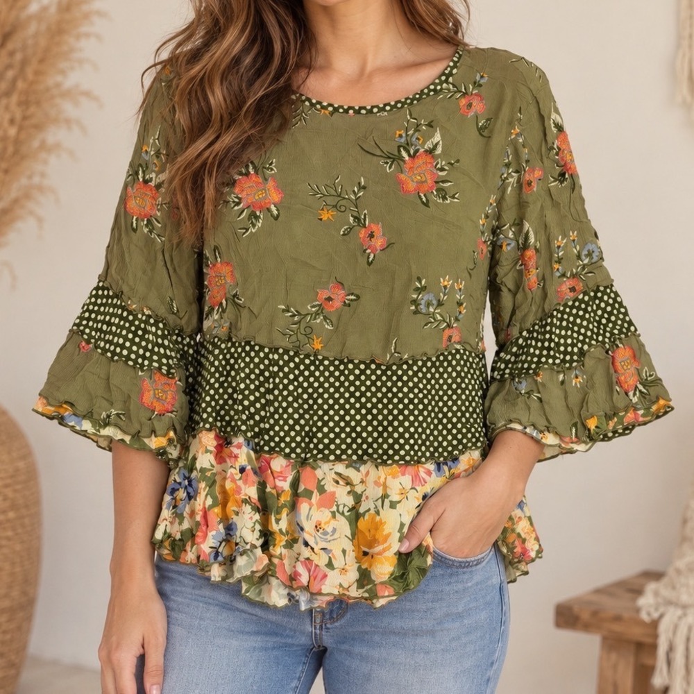 John Mark Olive Floral Polka Dot Mixed Media Ruffle Peplum Blouse XL c5